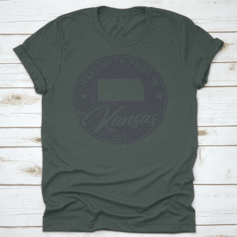 A comfortable t-shirt made from 100% cotton, featuring a Kansas state map packaging label, showcasing its quality and classic fit.